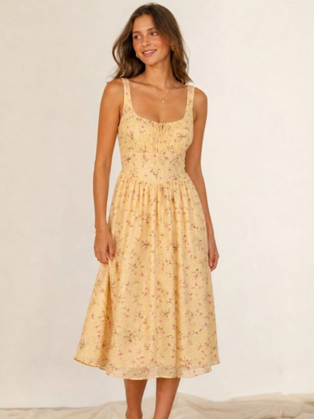 Thirty Thirty Floral Sweetheart Corset Bustier Midi Dress Yellow Pink Size XS